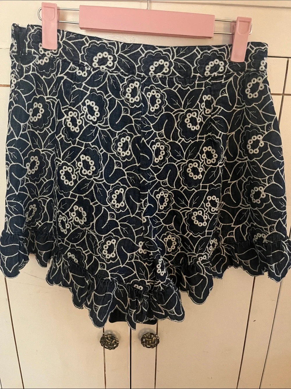 Mauve Navy Floral Embroidered Ruffle Hem Shorts